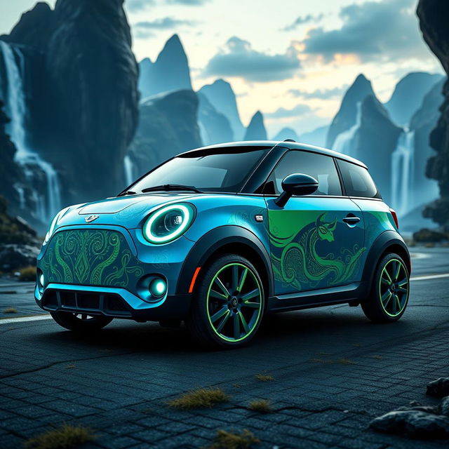 A striking visual showcasing a unique hybrid vehicle that merges elements of a Mini Aceman and an Avatar-inspired design