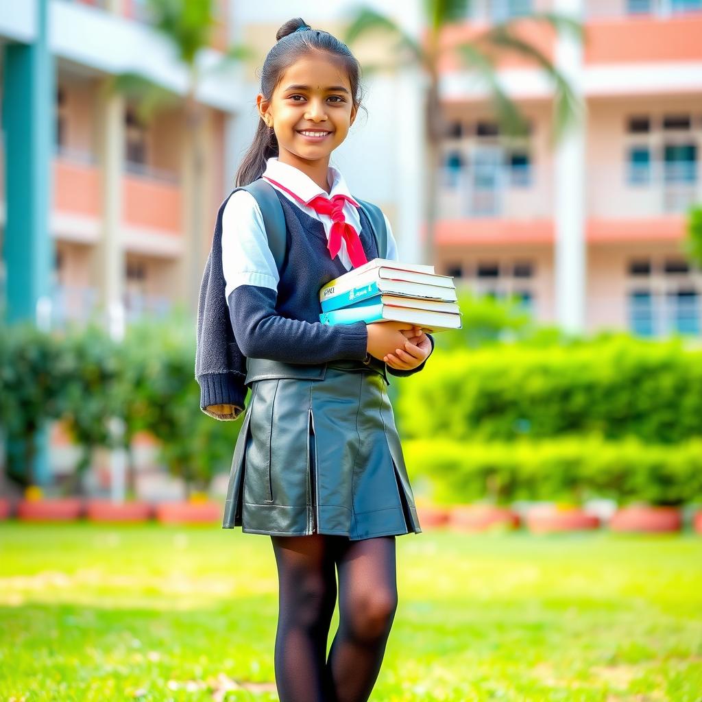 A portrait of a young Indian school girl in a modern school uniform, featuring a stylish leather skirt, paired with tight black stockings and polished black shoes