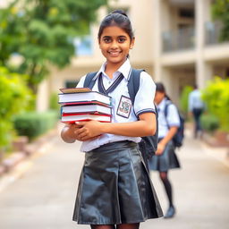 A portrait of a young Indian school girl in a modern school uniform, featuring a stylish leather skirt, paired with tight black stockings and polished black shoes