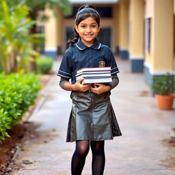 A portrait of a young Indian school girl in a modern school uniform, featuring a stylish leather skirt, paired with tight black stockings and polished black shoes