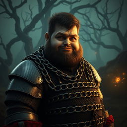 A young, plump giant depicted as a naive peasant, clad in oversized, worn chain mail that emphasizes his unique stature