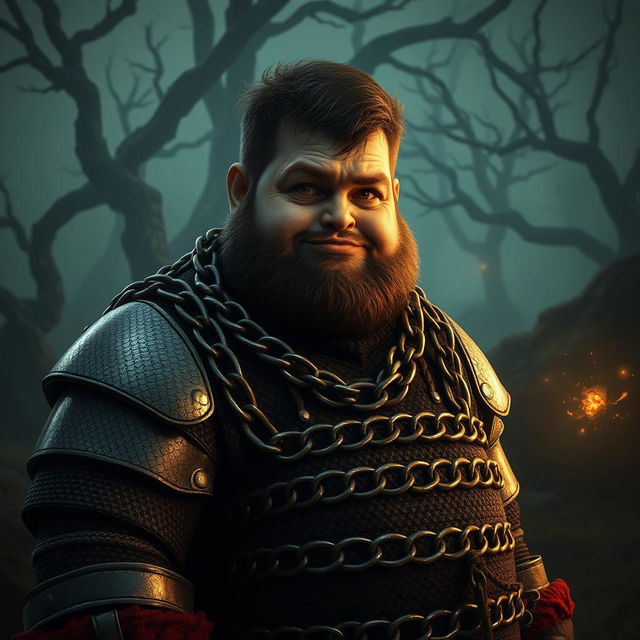 A young, plump giant depicted as a naive peasant, clad in oversized, worn chain mail that emphasizes his unique stature