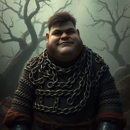 A young, plump giant depicted as a naive peasant, clad in oversized, worn chain mail that emphasizes his unique stature