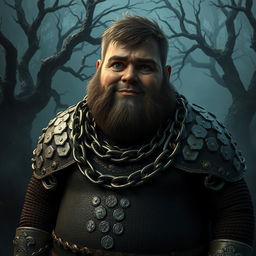 A young, plump giant depicted as a naive peasant, clad in oversized, worn chain mail that emphasizes his unique stature