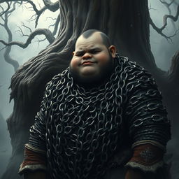 A young, plump giant depicted as a naive peasant, clad in oversized, worn chain mail that emphasizes his unique stature