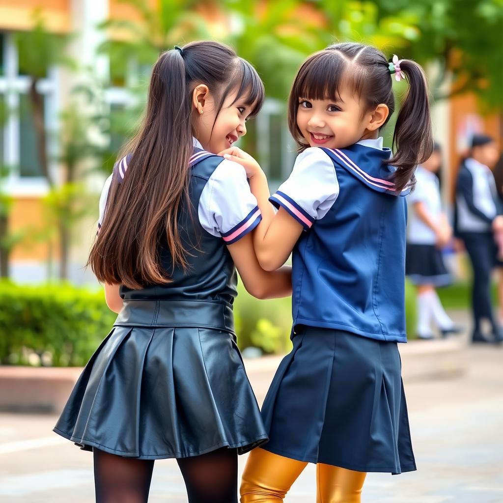 A heartfelt scene of two young girls sharing a sweet moment, both dressed in school uniforms