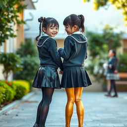 A heartfelt scene of two young girls sharing a sweet moment, both dressed in school uniforms