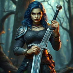 In a high fantasy medieval setting, a striking young woman stands confidently