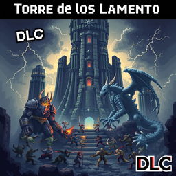 A pixel art cover illustration for a video game titled 'Torre de los Lamento', prominently featuring the label 'DLC'