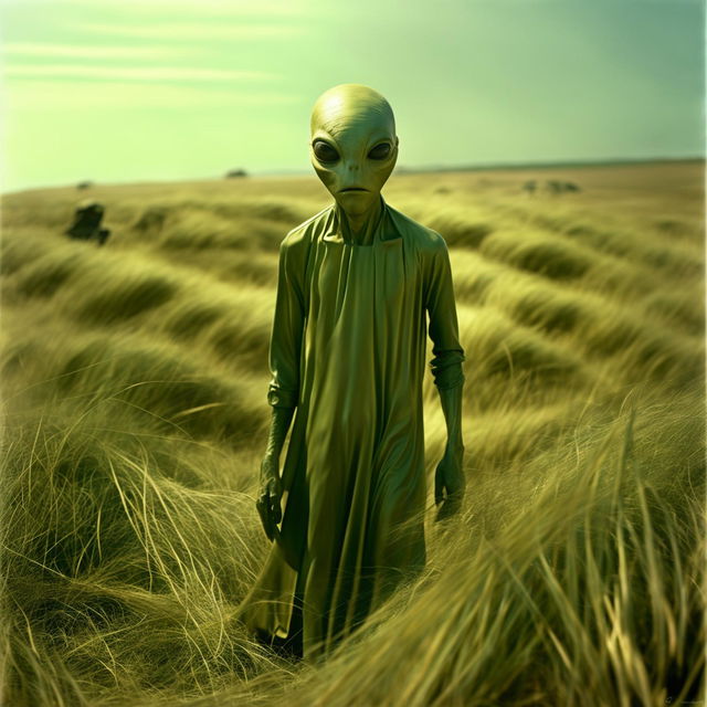 A Yousuf Karsh-style photograph featuring an alien standing in long, wind-blown dry grass.