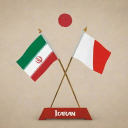 A symbolic image representing a friendly competition between Iran and Japan featuring emblematic elements such as respective flags, landmarks and traditional sports outfits.