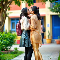 A heartwarming scene featuring two teenage girls in a school environment