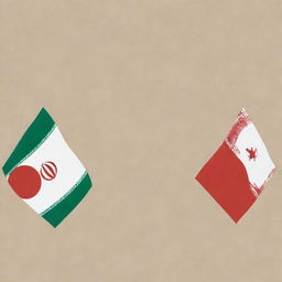 A symbolic image representing a friendly competition between Iran and Japan featuring emblematic elements such as respective flags, landmarks and traditional sports outfits.