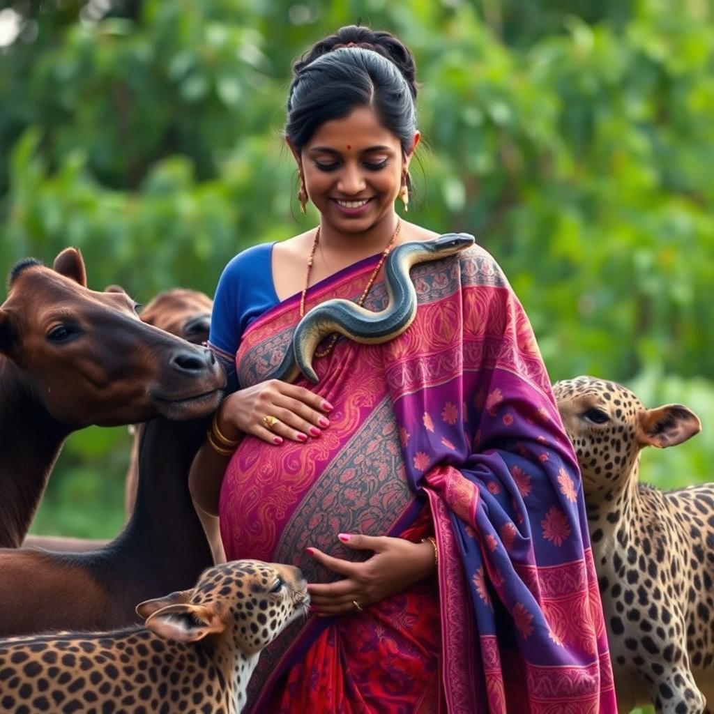 A beautiful scene featuring African males and females gently interacting with a pregnant Indian woman dressed in a colorful, flowing saree