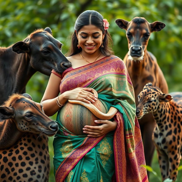 A beautiful scene featuring African males and females gently interacting with a pregnant Indian woman dressed in a colorful, flowing saree