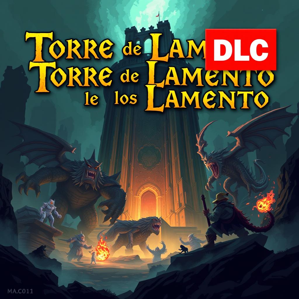 Cover art for a video game titled 'Torre de los Lamento' featuring a gigantic dungeon filled with colossal boss monsters