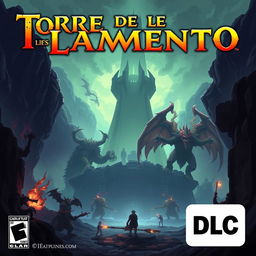 Cover art for a video game titled 'Torre de los Lamento' featuring a gigantic dungeon filled with colossal boss monsters