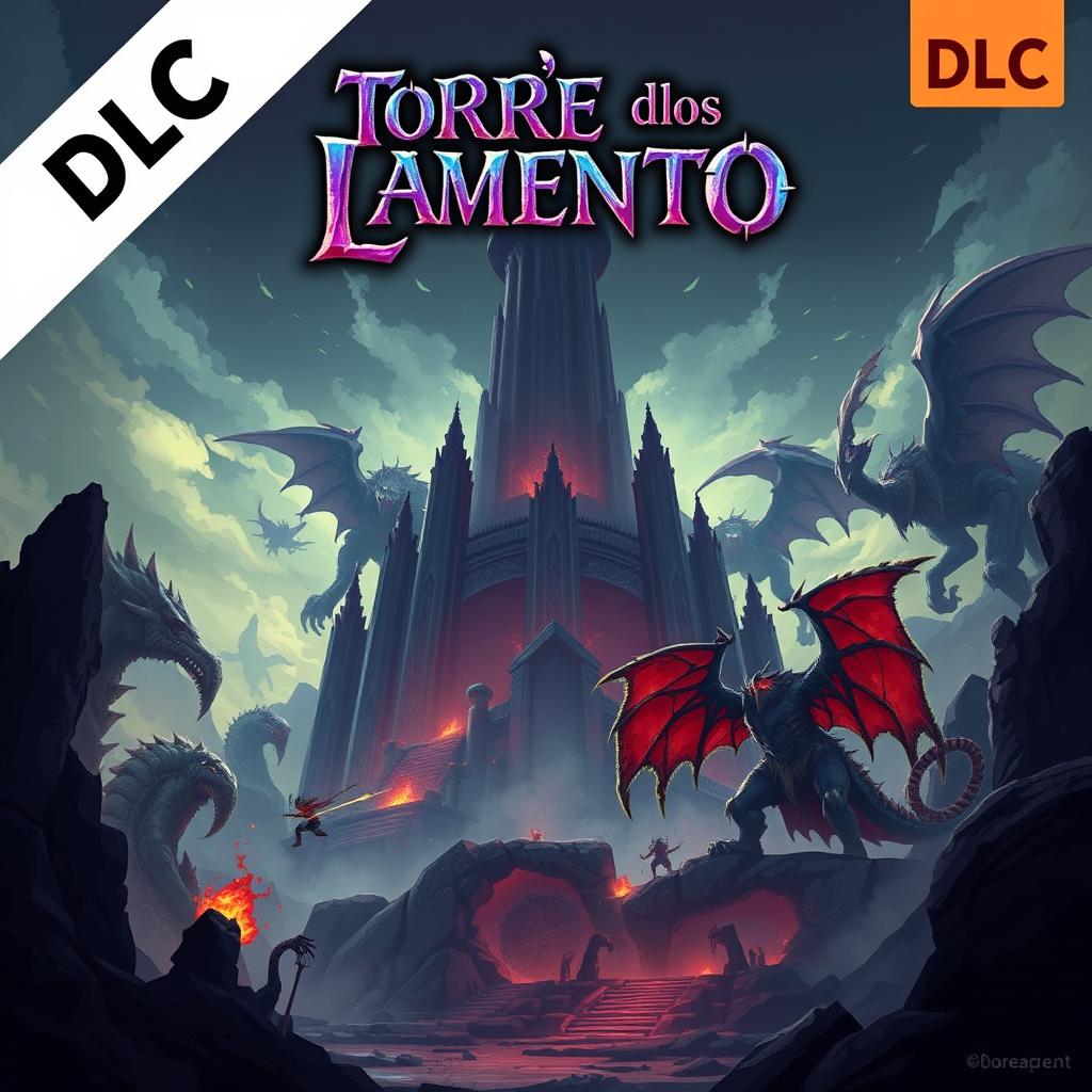 Cover art for a video game titled 'Torre de los Lamento' featuring a gigantic dungeon filled with colossal boss monsters