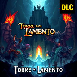 Cover art for a video game titled 'Torre de los Lamento' featuring a gigantic dungeon filled with colossal boss monsters