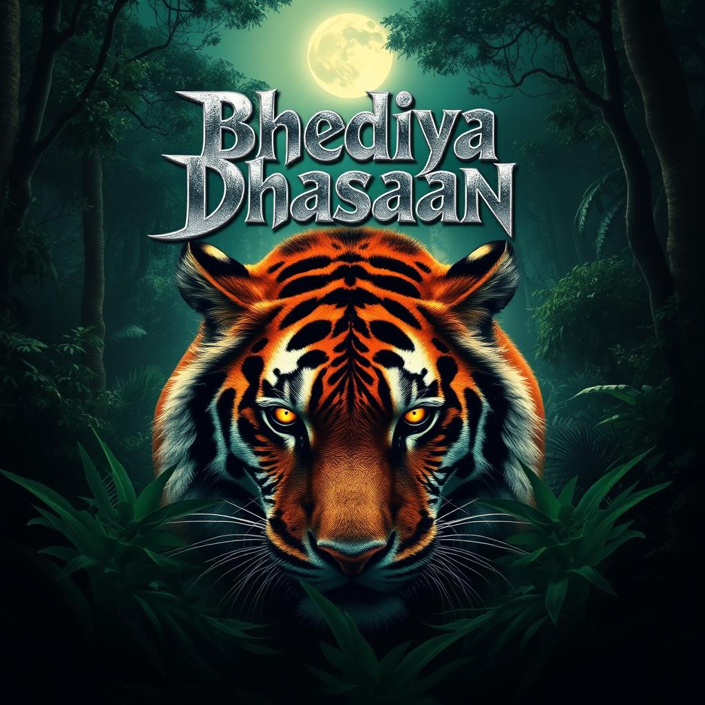 A movie poster for 'Bhediya Dhasaan', featuring a majestic jungle scene with a powerful tiger's intense, glowing eyes in the foreground