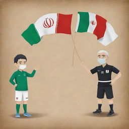 A symbolic image representing a friendly competition between Iran and Japan featuring emblematic elements such as respective flags, landmarks and traditional sports outfits.