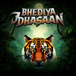 A movie poster for 'Bhediya Dhasaan', featuring a majestic jungle scene with a powerful tiger's intense, glowing eyes in the foreground