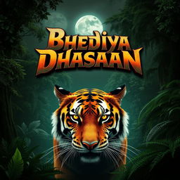 A movie poster for 'Bhediya Dhasaan', featuring a majestic jungle scene with a powerful tiger's intense, glowing eyes in the foreground