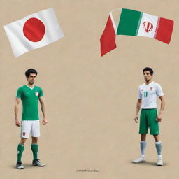 A symbolic image representing a friendly competition between Iran and Japan featuring emblematic elements such as respective flags, landmarks and traditional sports outfits.