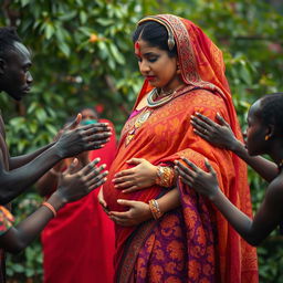 A captivating scene featuring African males and females gently reaching out to a pregnant Indian woman, who is adorned in a vibrant, intricately designed saree