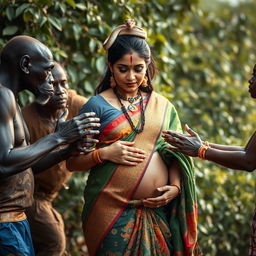 A captivating scene featuring African males and females gently reaching out to a pregnant Indian woman, who is adorned in a vibrant, intricately designed saree