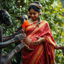 A captivating scene featuring African males and females gently reaching out to a pregnant Indian woman, who is adorned in a vibrant, intricately designed saree