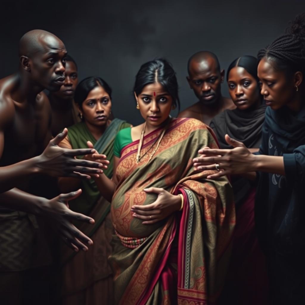 An intense scene depicting African males and females reaching out to a scared pregnant Indian woman dressed in a colorful, intricately designed saree