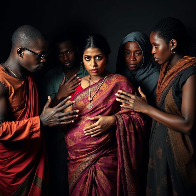 An intense scene depicting African males and females reaching out to a scared pregnant Indian woman dressed in a colorful, intricately designed saree