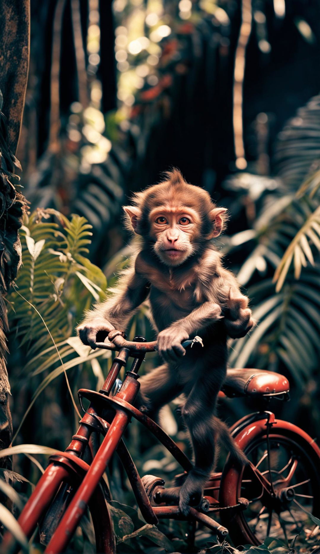 A baby macaque on a vintage bicycle in a lush jungle.