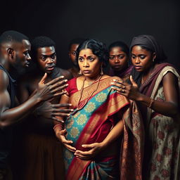 An intense scene depicting African males and females reaching out to a scared pregnant Indian woman dressed in a colorful, intricately designed saree