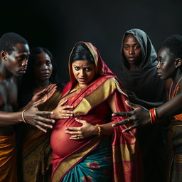 An intense scene depicting African males and females reaching out to a scared pregnant Indian woman dressed in a colorful, intricately designed saree