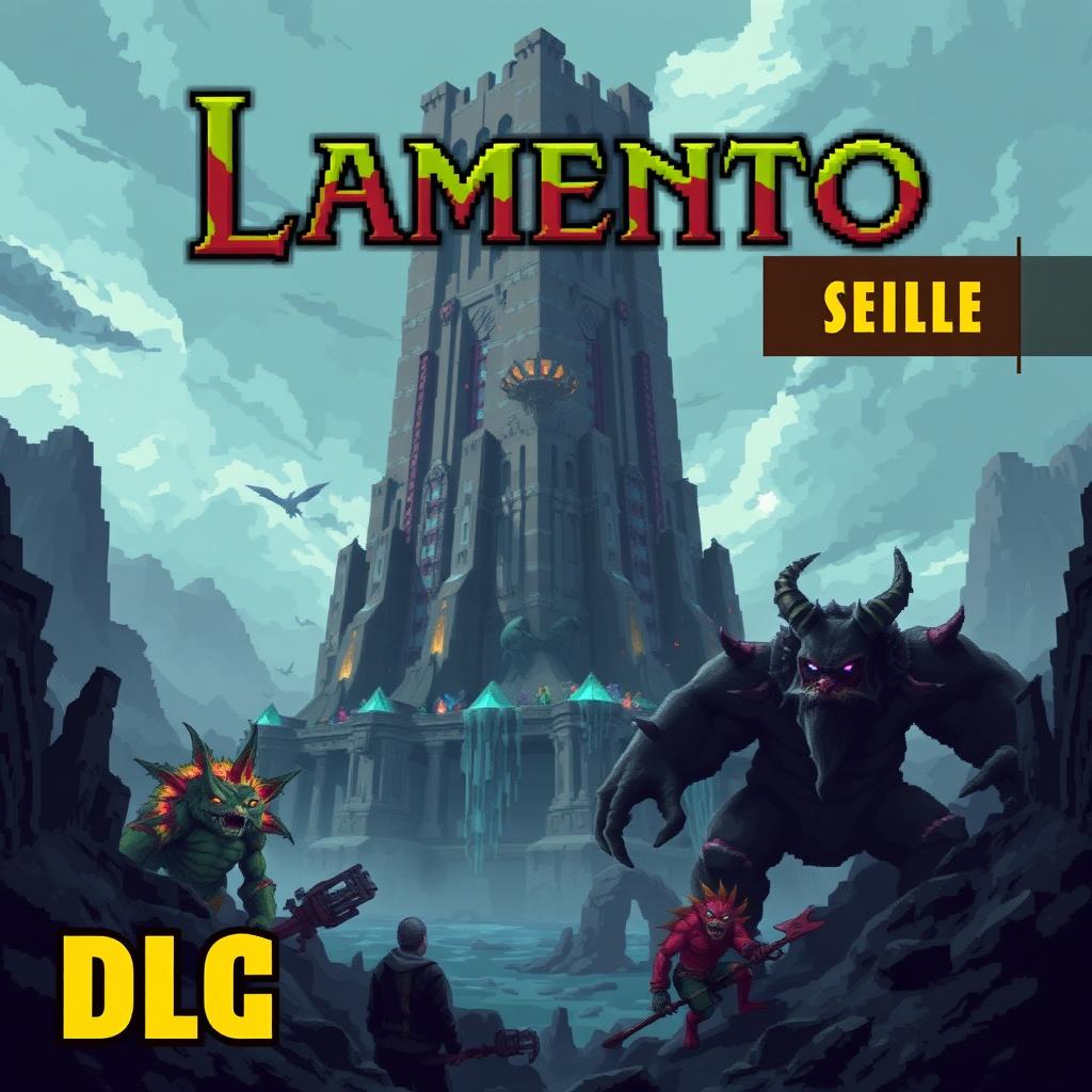 Cover art for a video game titled 'Torre de los Lamento' featuring a gigantic dungeon and colossal boss monsters