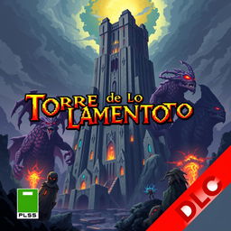 Cover art for a video game titled 'Torre de los Lamento' featuring a gigantic dungeon and colossal boss monsters