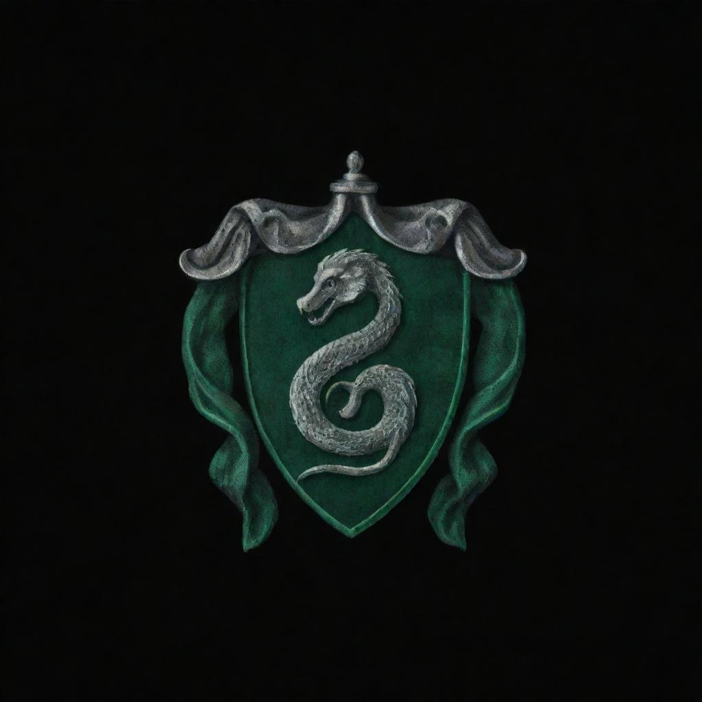 Create a wallpaper featuring Slytherin emblem from Harry Potter on a dark, velvety black background. Make the emblem glow subtly to add a mysterious flair.