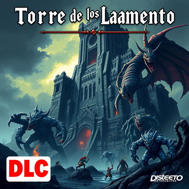 Cover art for a video game titled 'Torre de los Lamento' featuring a gigantic dungeon and colossal boss monsters