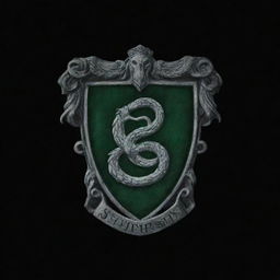 Create a wallpaper featuring Slytherin emblem from Harry Potter on a dark, velvety black background. Make the emblem glow subtly to add a mysterious flair.