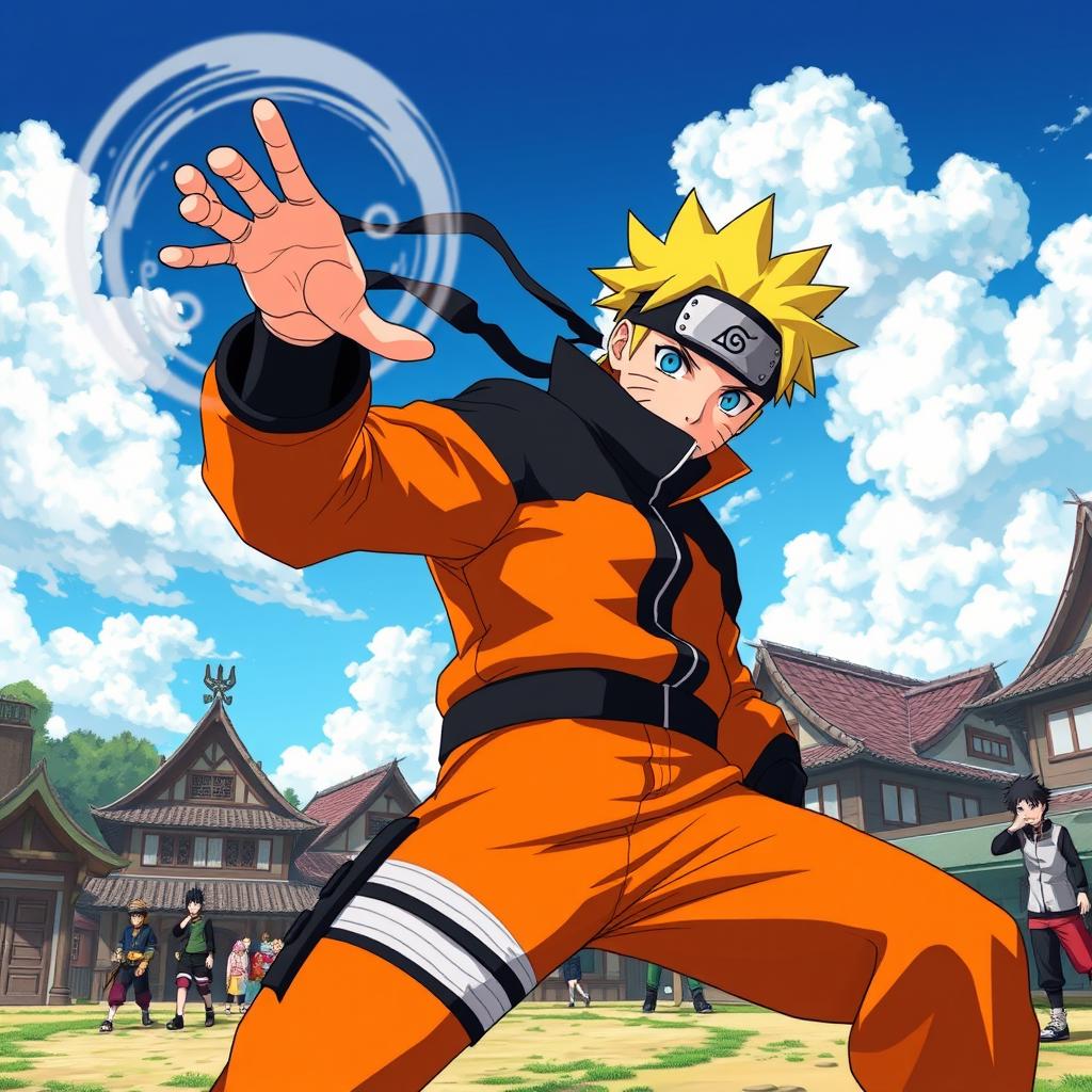 A vibrant scene inspired by Naruto Shippuden, featuring Naruto Uzumaki in his signature orange and black ninja attire, displaying determination and confidence