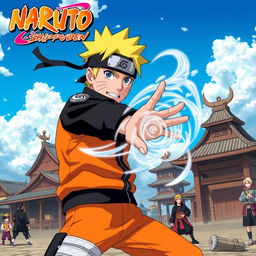 A vibrant scene inspired by Naruto Shippuden, featuring Naruto Uzumaki in his signature orange and black ninja attire, displaying determination and confidence