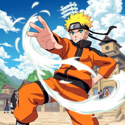 A vibrant scene inspired by Naruto Shippuden, featuring Naruto Uzumaki in his signature orange and black ninja attire, displaying determination and confidence