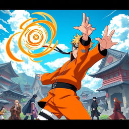 A vibrant scene inspired by Naruto Shippuden, featuring Naruto Uzumaki in his signature orange and black ninja attire, displaying determination and confidence