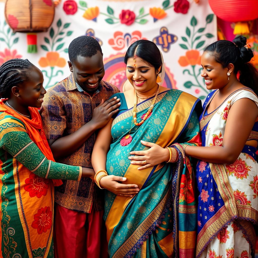 A heartwarming scene featuring African males and African females gently interacting with a pregnant Indian lady who is wearing a colorful traditional saree