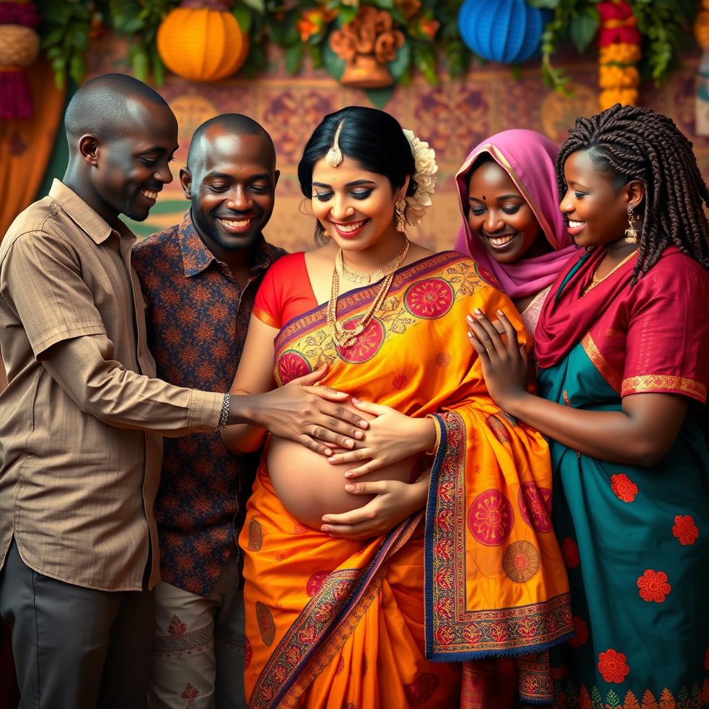 A heartwarming scene featuring African males and African females gently interacting with a pregnant Indian lady who is wearing a colorful traditional saree