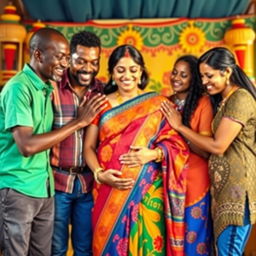 A heartwarming scene featuring African males and African females gently interacting with a pregnant Indian lady who is wearing a colorful traditional saree