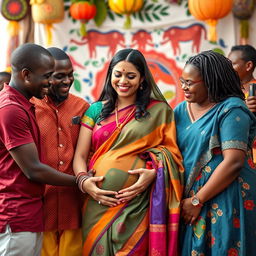 A heartwarming scene featuring African males and African females gently interacting with a pregnant Indian lady who is wearing a colorful traditional saree