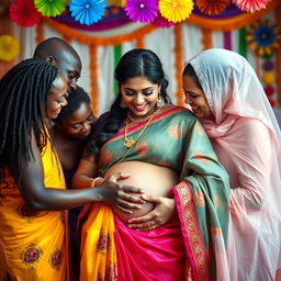 A vibrant and intimate scene showcasing African males and African females tenderly interacting with a busty pregnant Indian lady in a beautifully draped saree